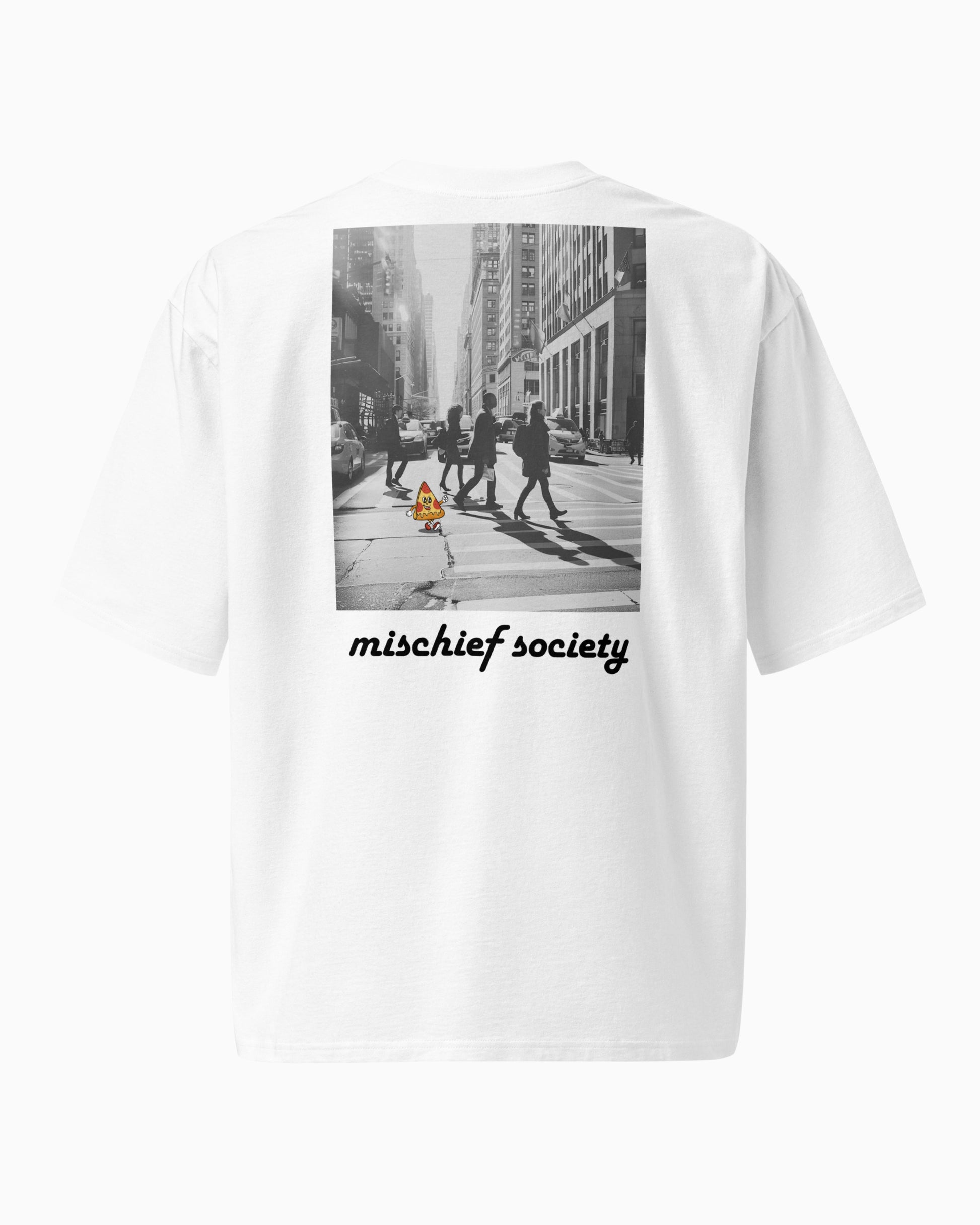 Mischief Society Pizza Walking - Adult White Shirt - Back