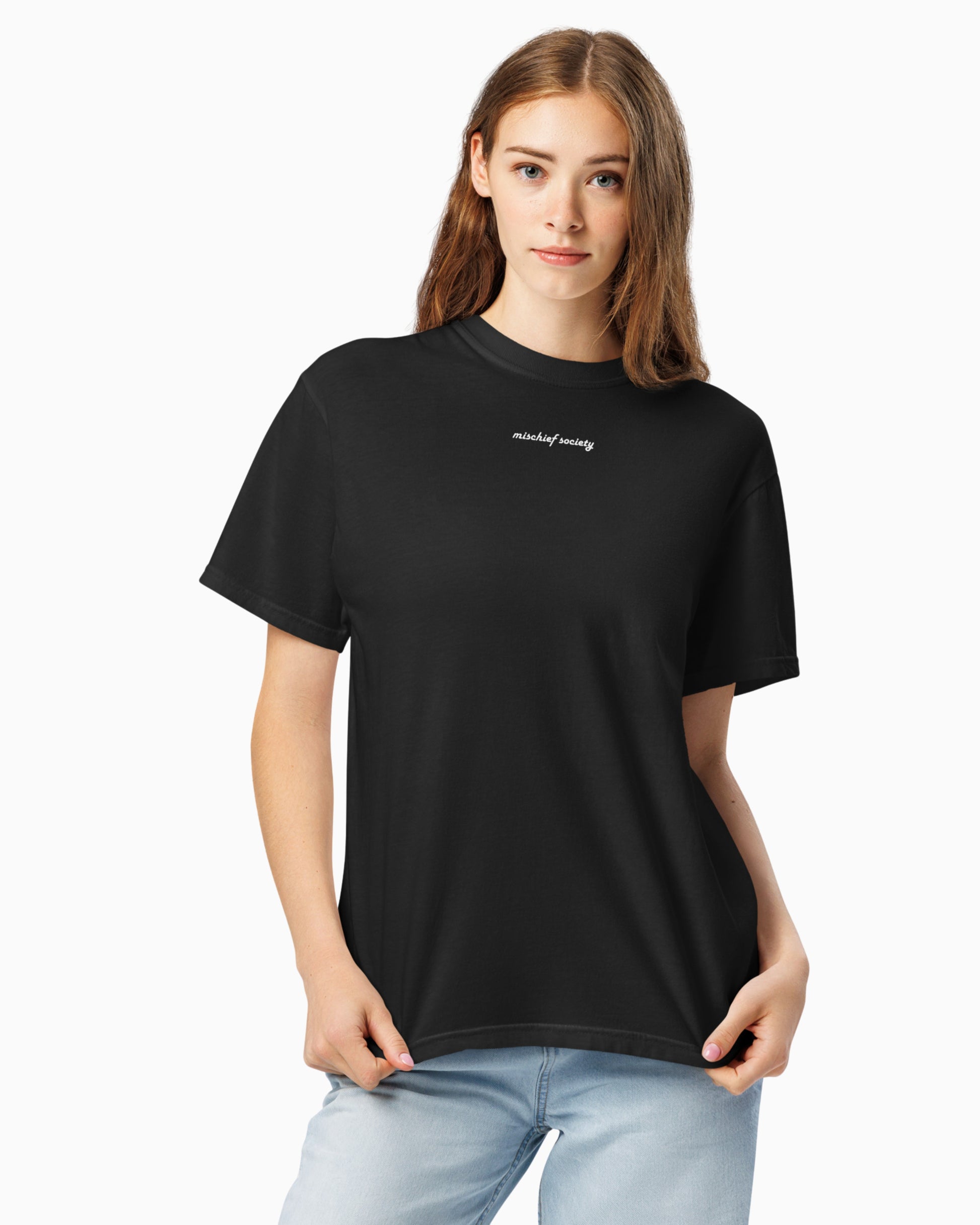 Mischief Society - Black Shirt Adult - Front Female Model