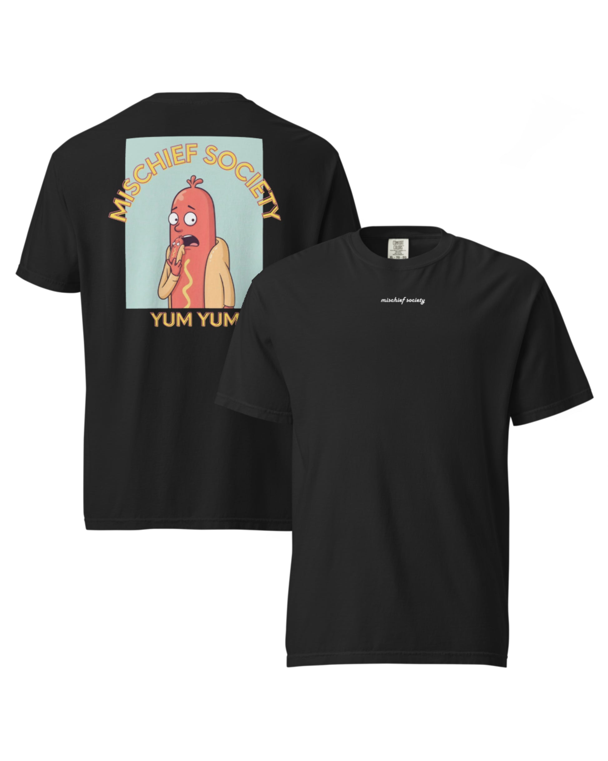 Mischief Society - Hot Dog Black Shirt Adult - Front and Back
