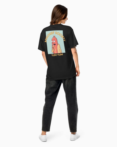 Mischief Society - Hot Dog Black Shirt Adult - Model Back Female