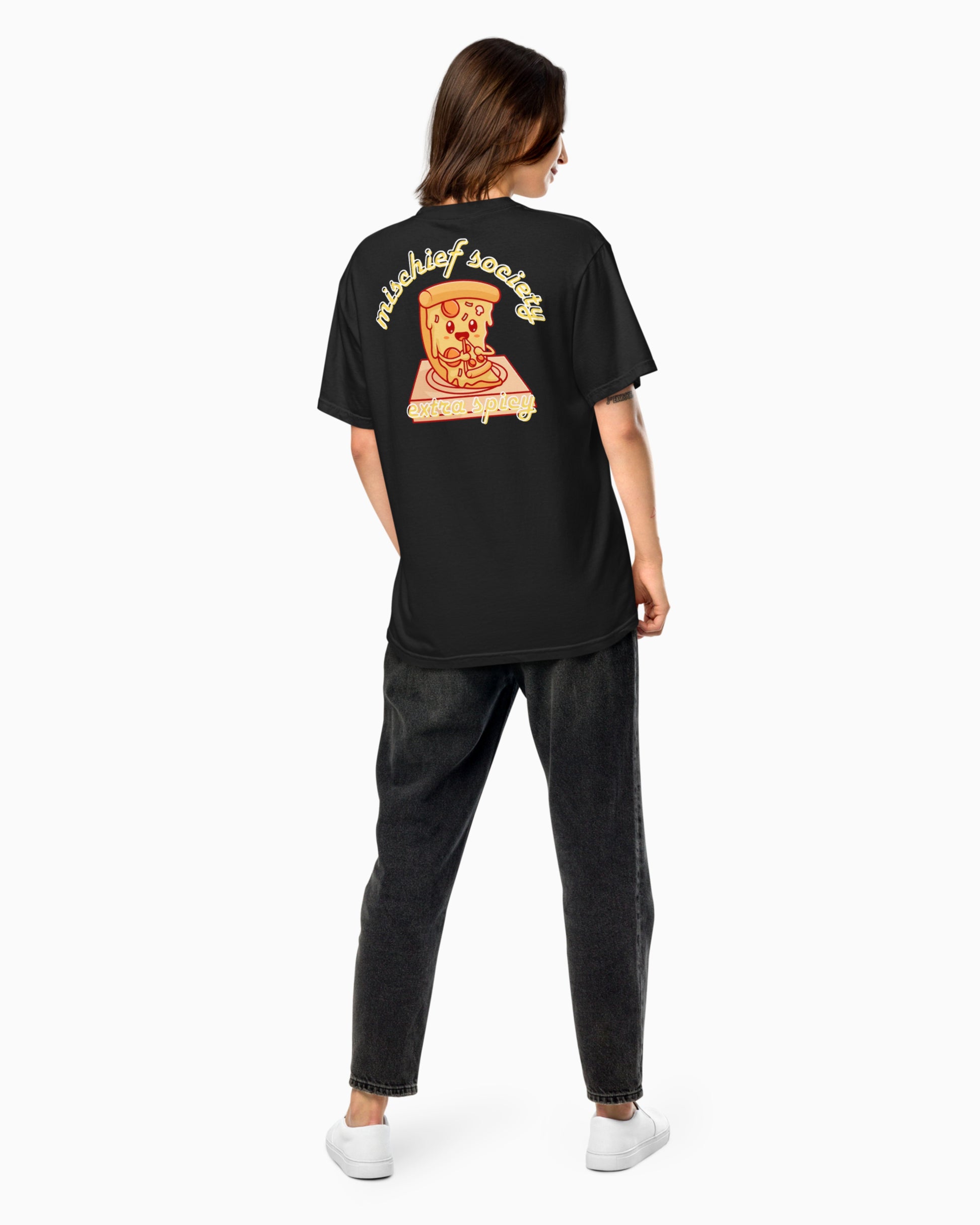 Mischief Society - Pizza Pizza Black Shirt - Adult - Back Model Female