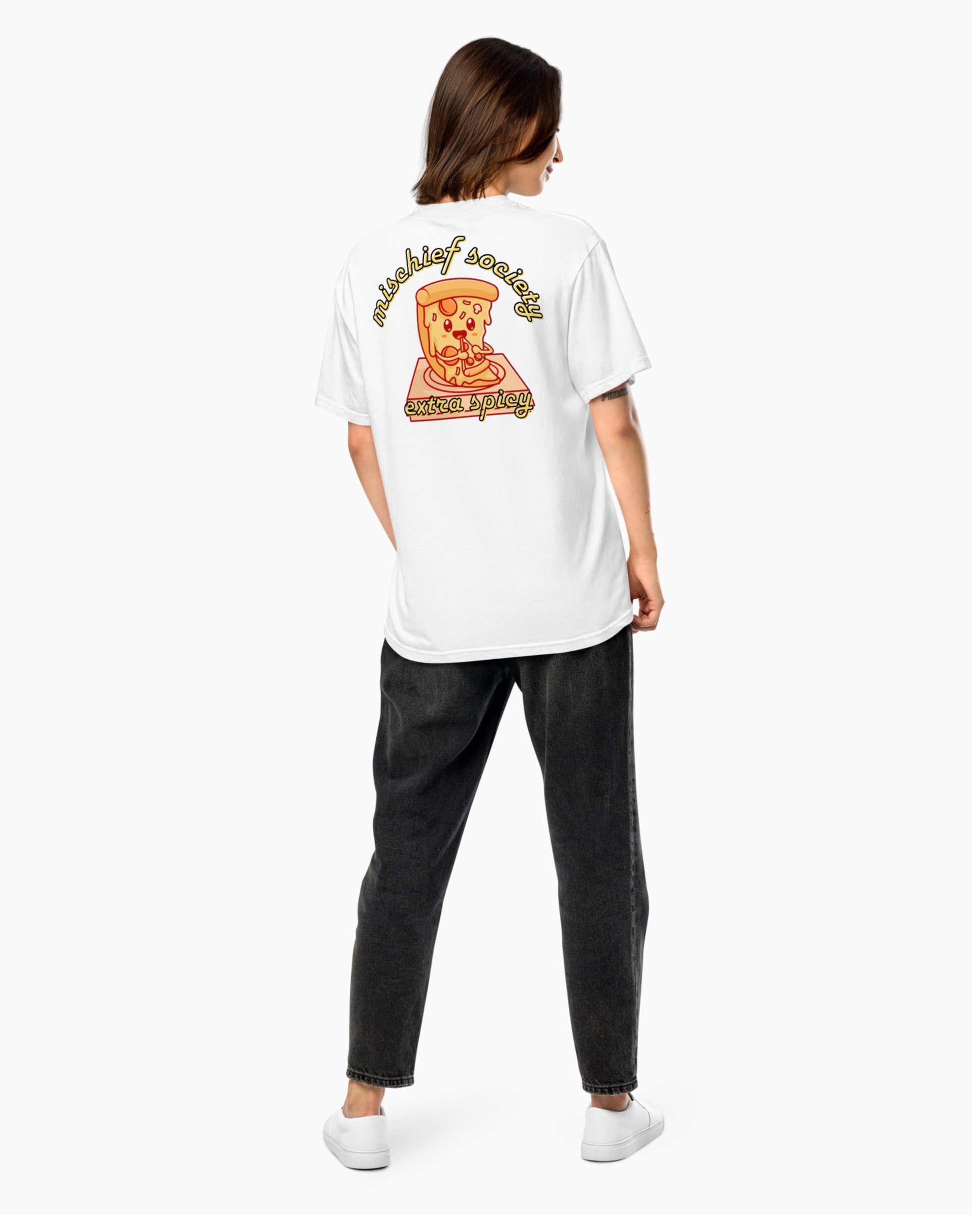 Mischief Society - Pizza Pizza White Shirt - Adult - Back Female Model