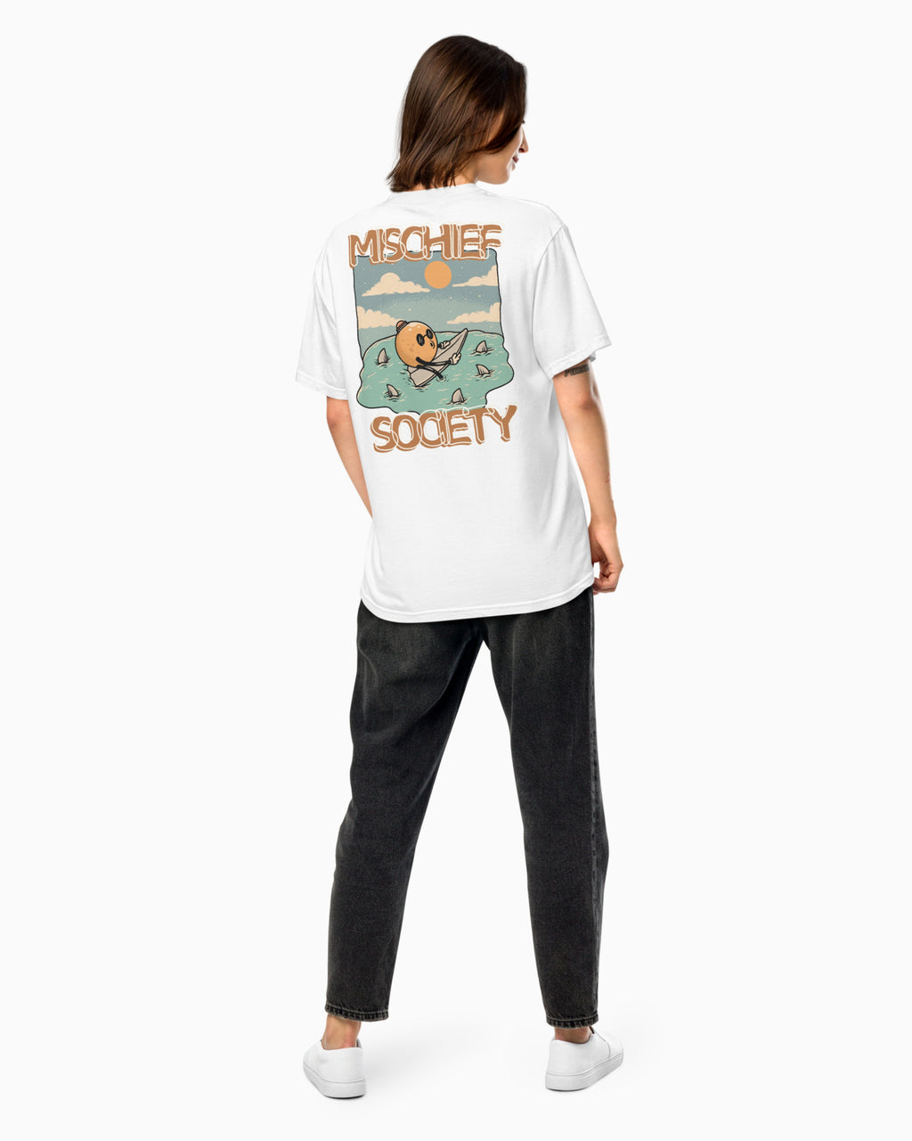 Mischief Society - Shark Bite White Shirt - Adult - Front Model Female