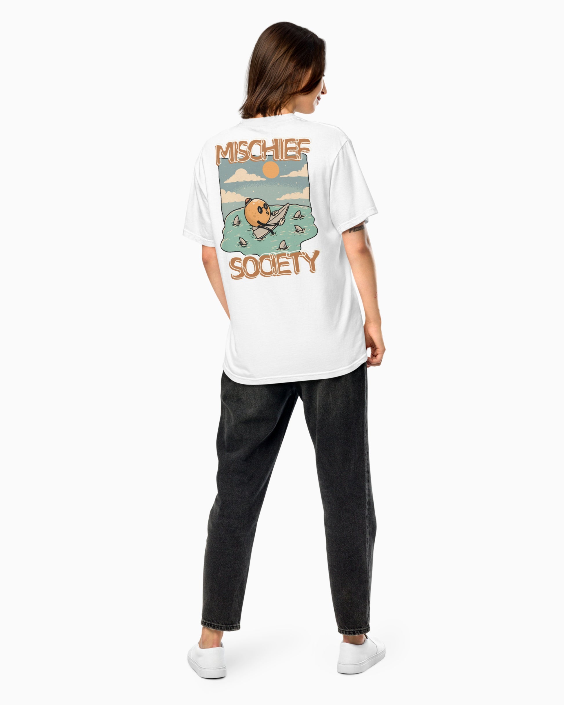Mischief Society - Shark Bite White Shirt - Adult - Front Model Female