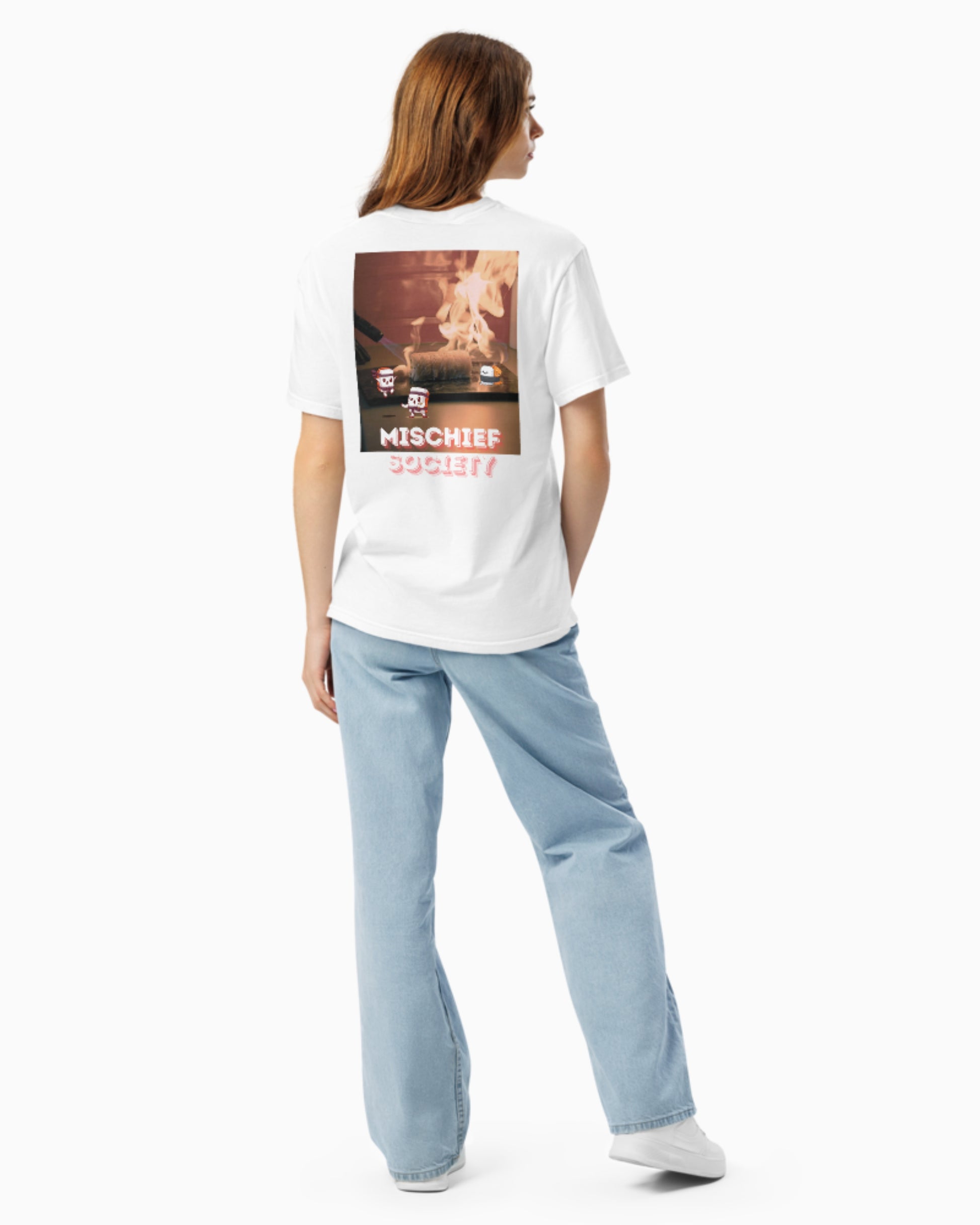 Mischief Society - Sushi Samurai Fight - Adult White Shirt - Model Female Back jeans
