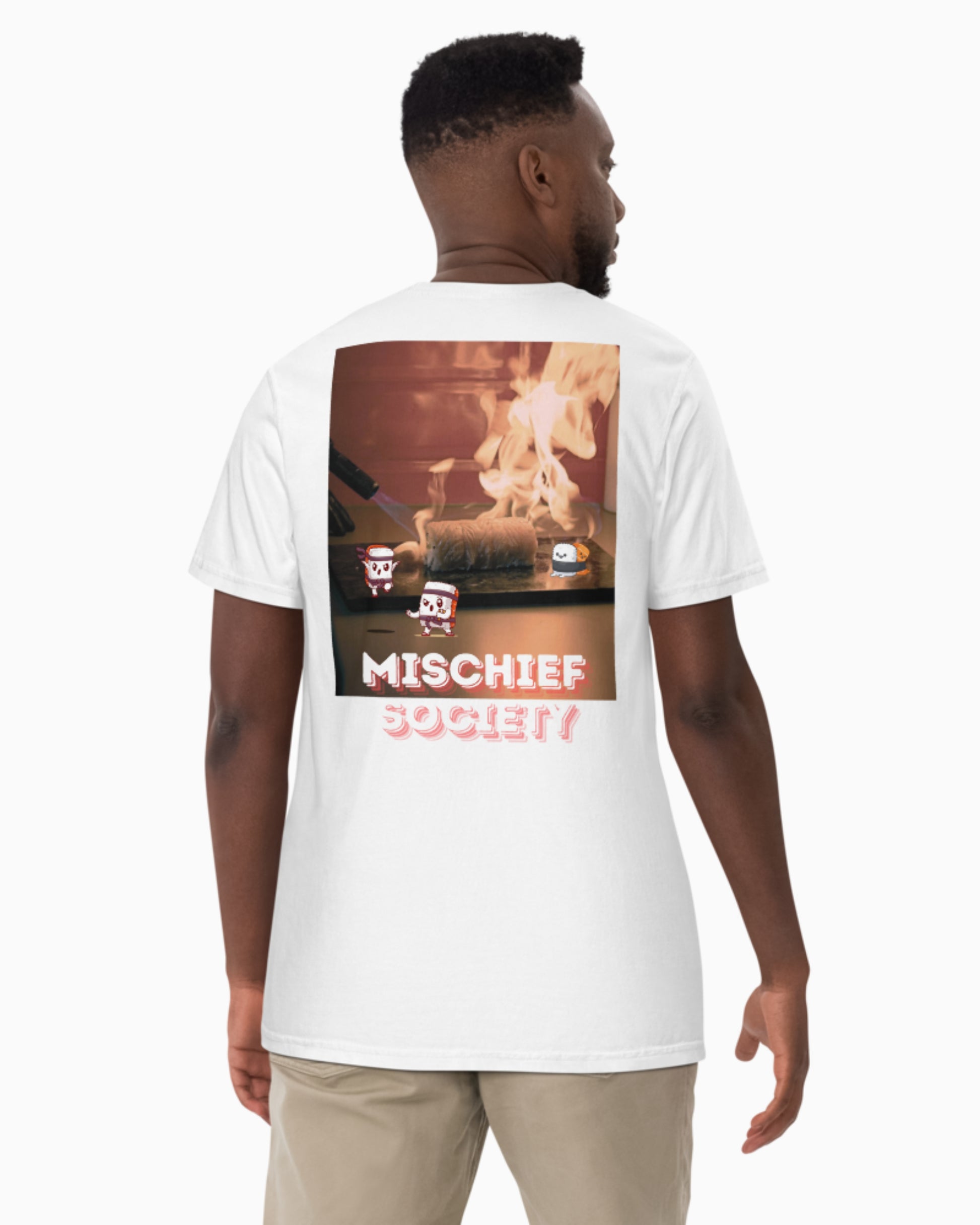 Mischief Society - Sushi Samurai Fight - Adult White Shirt - Model Male Back