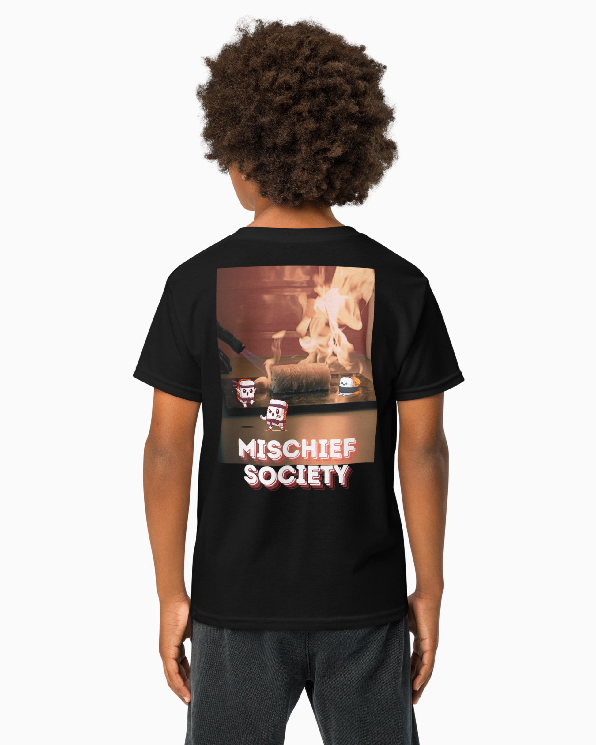 Mischief Society - Sushi Samurai Fight - Kids Black Shirt - Back Boy