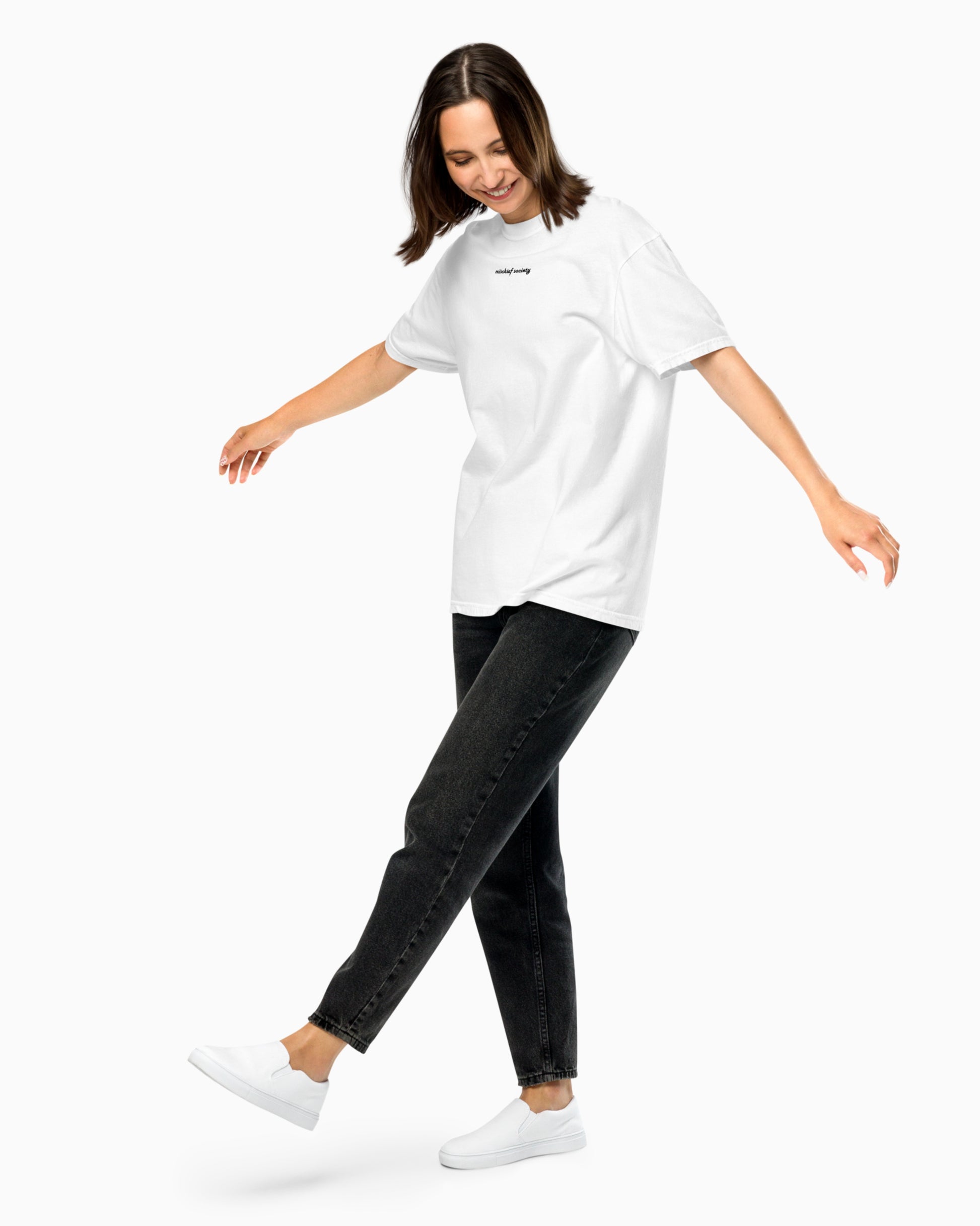 Mischief Society Adult White Shirt - Model Kick Front