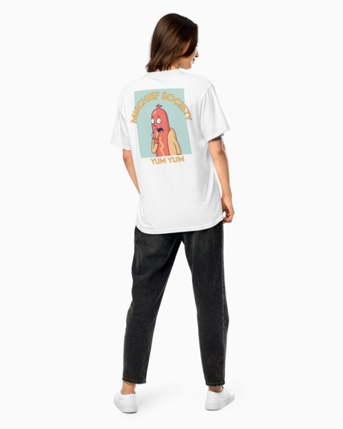 Mischief Society Hot Dog - Adult White Shirt - Back Female Model