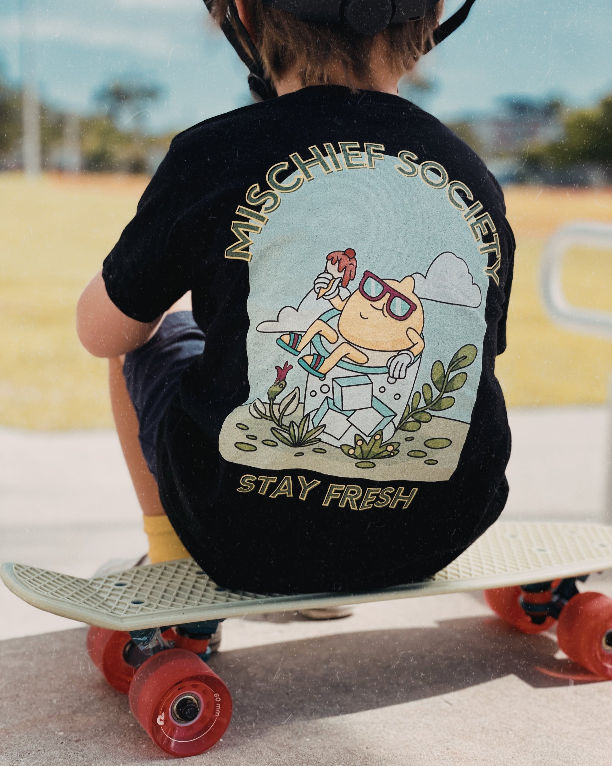 Mischief Society Lemon Chillin - Kid Black Shirt - At the Skate Park