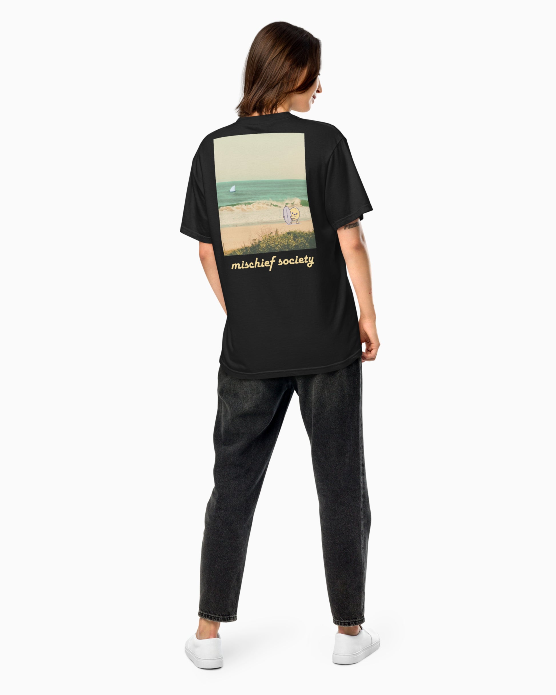 Mischief Society Lemon Surf - Adult Black Shirt - Back Female Model
