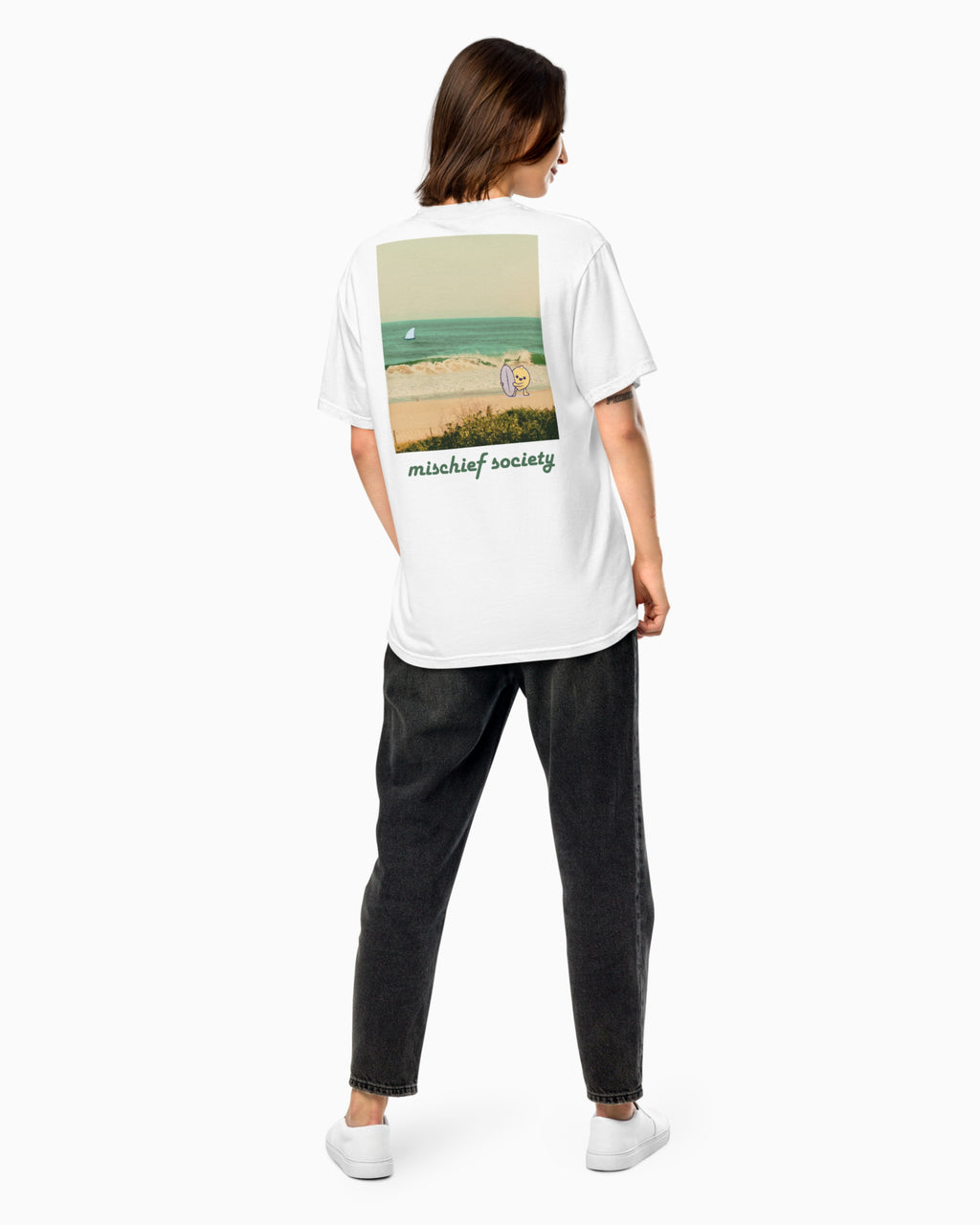 Mischief Society Lemon Surf - Adult White Shirt - Back Female Model