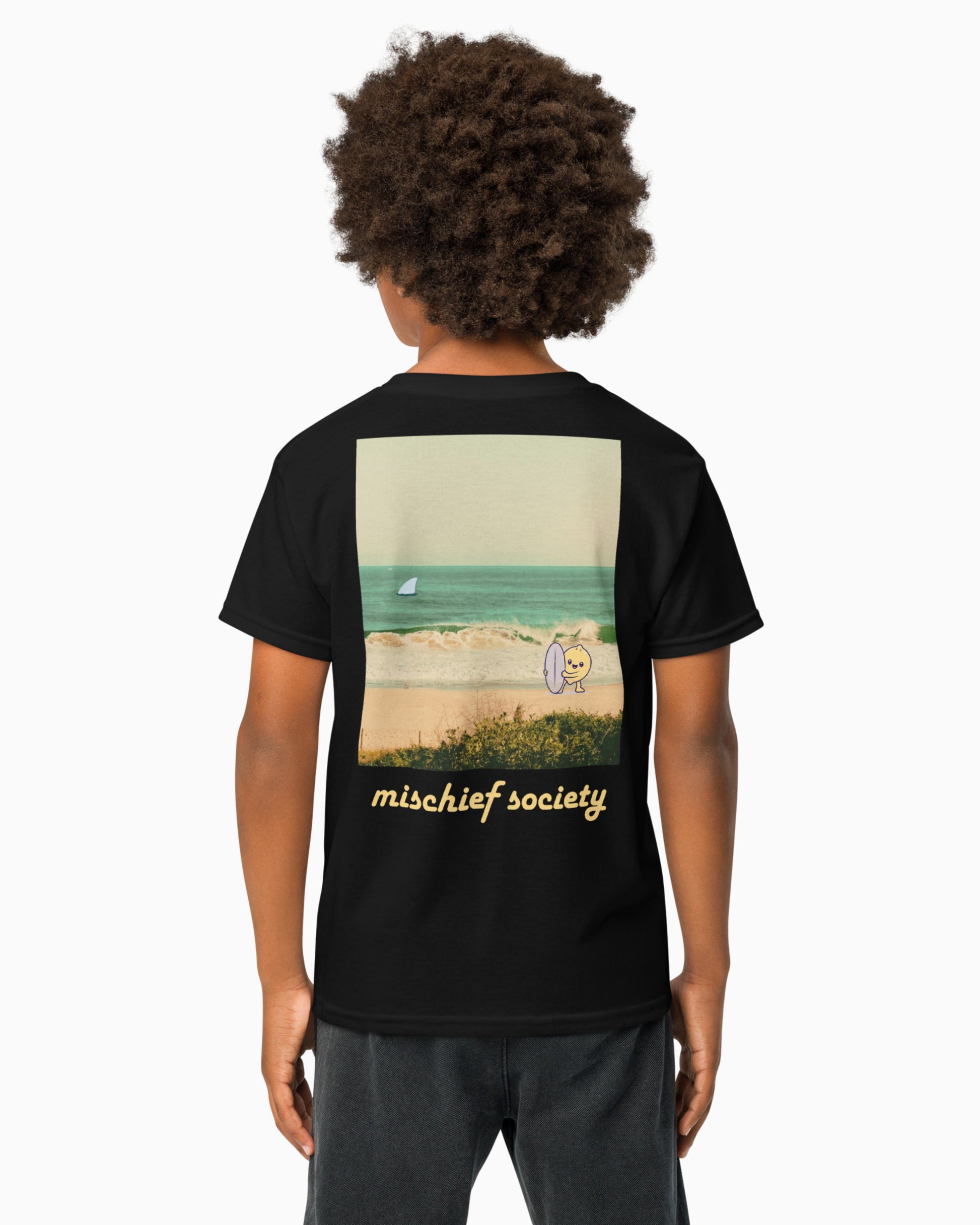 Mischief Society Lemon Surf - Kid Black Shirt - Model Back