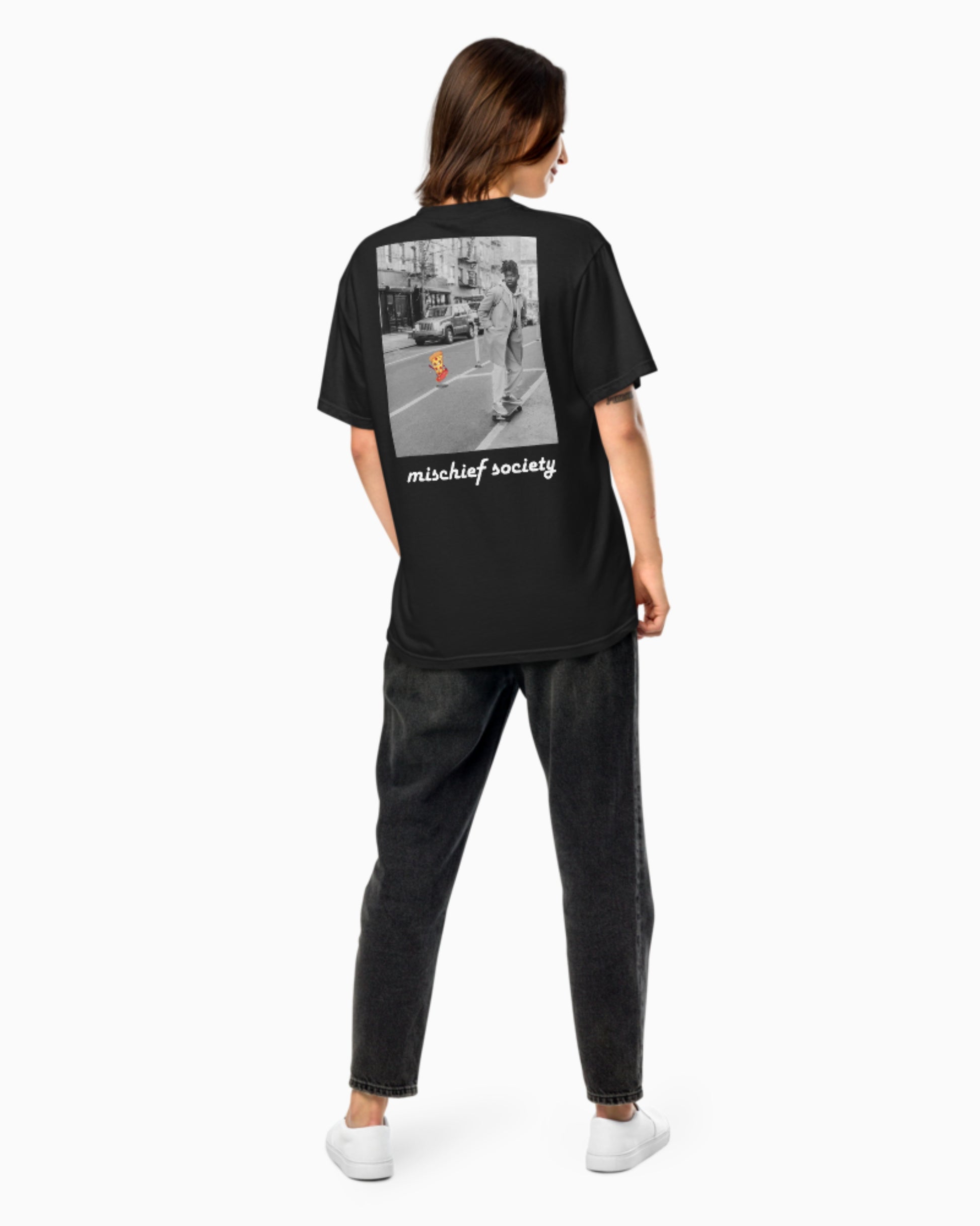 Mischief Society Pizza Ollie - Adult Black Shirt - Back Model