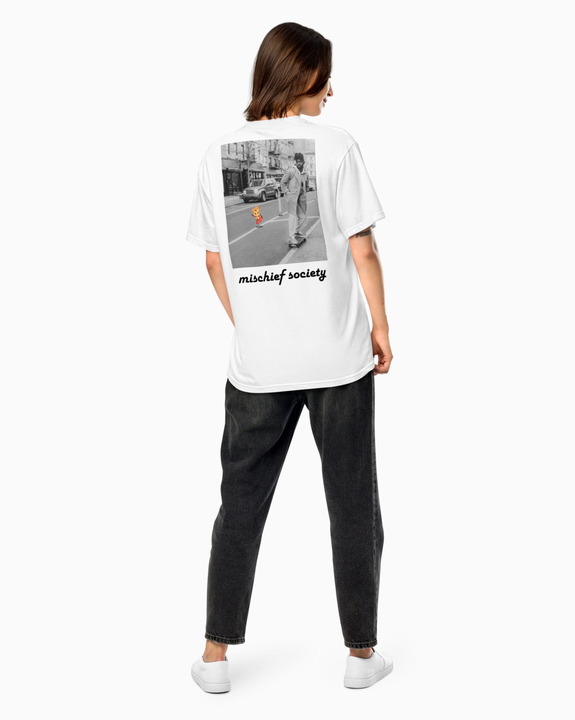 Mischief Society Pizza Ollie - Adult White Shirt - Model Back Female