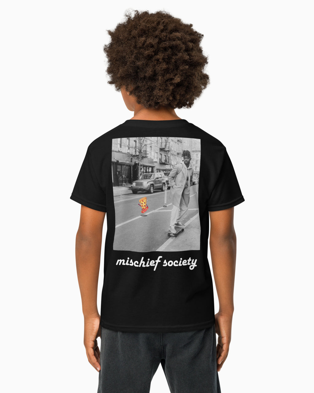 Mischief Society Pizza Ollie - Kid Black Shirt - Back Boy