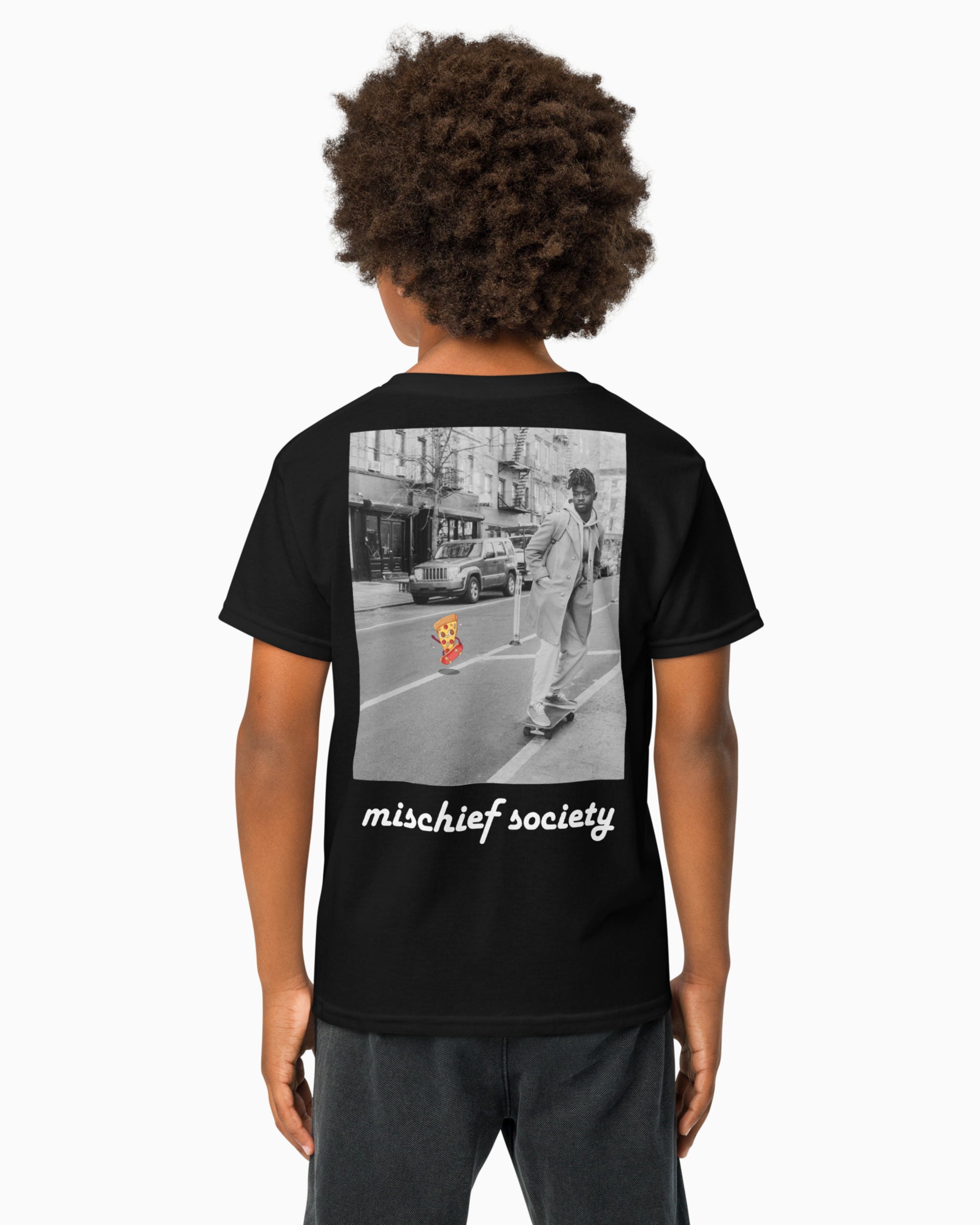 Mischief Society Pizza Ollie - Kid Black Shirt - Back Boy