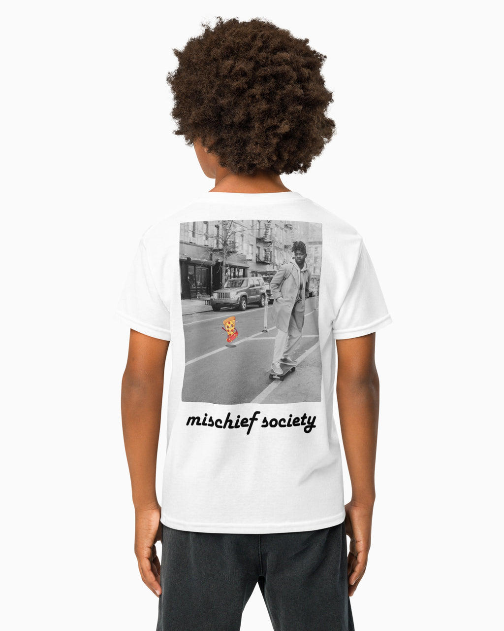 Mischief Society Pizza Ollie - Kid White Shirt - Back Model