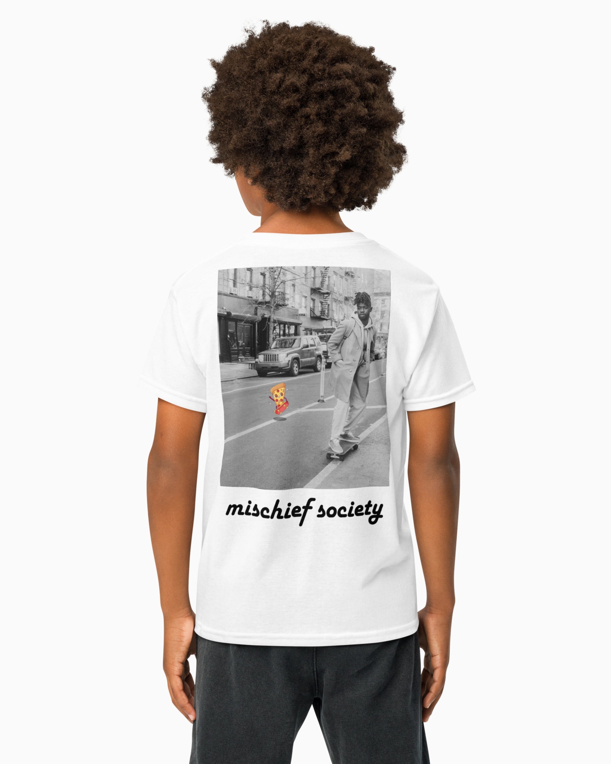 Mischief Society Pizza Ollie - Kid White Shirt - Back Model
