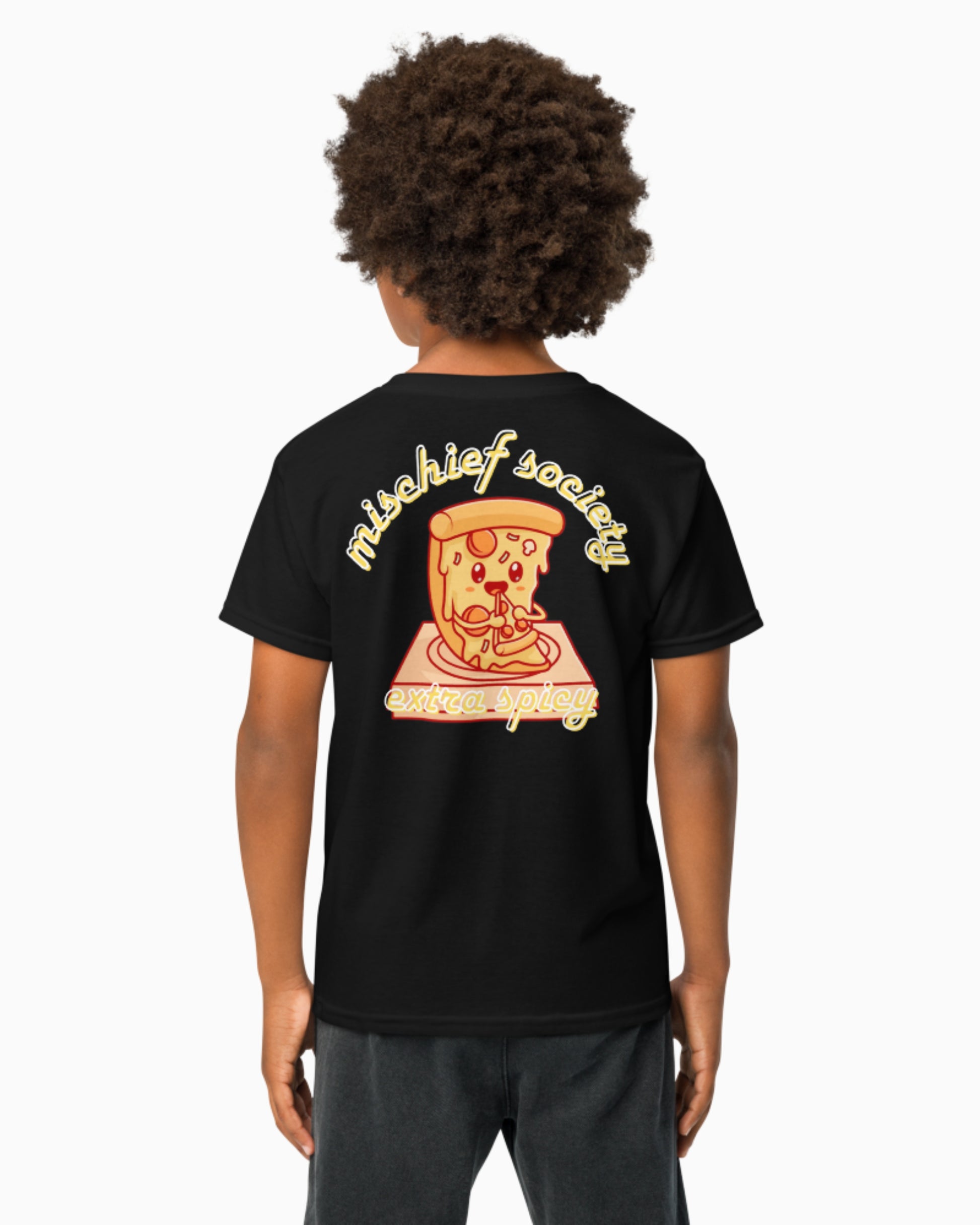 Mischief Society Pizza Pizza - Kid Black Shirt - Model Back