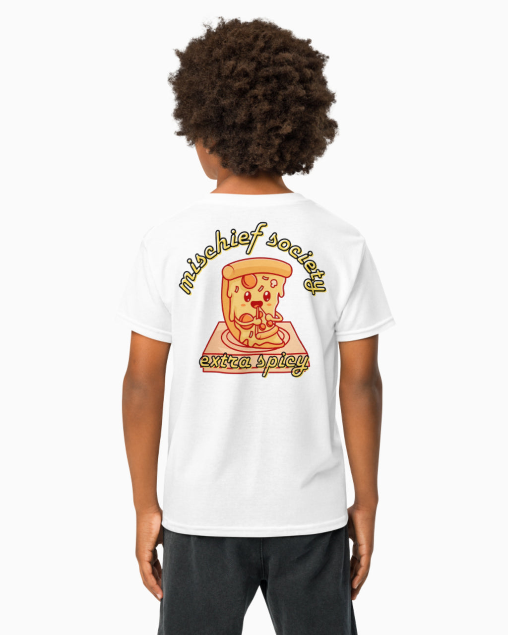 Mischief Society Pizza Pizza - Kids White Shirt - Back Shirt