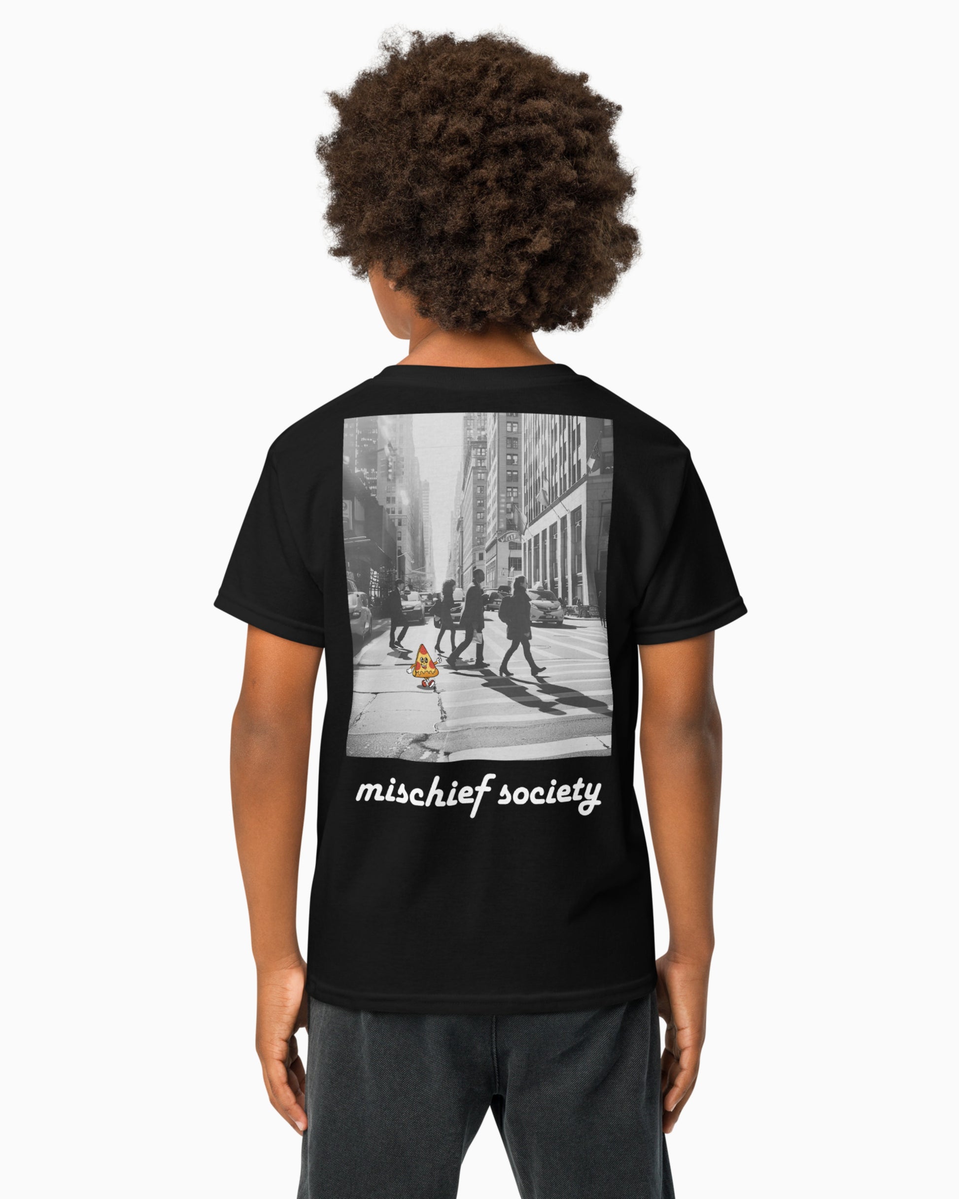 Mischief Society Pizza Walk - Kid Black Shirt - Model Back
