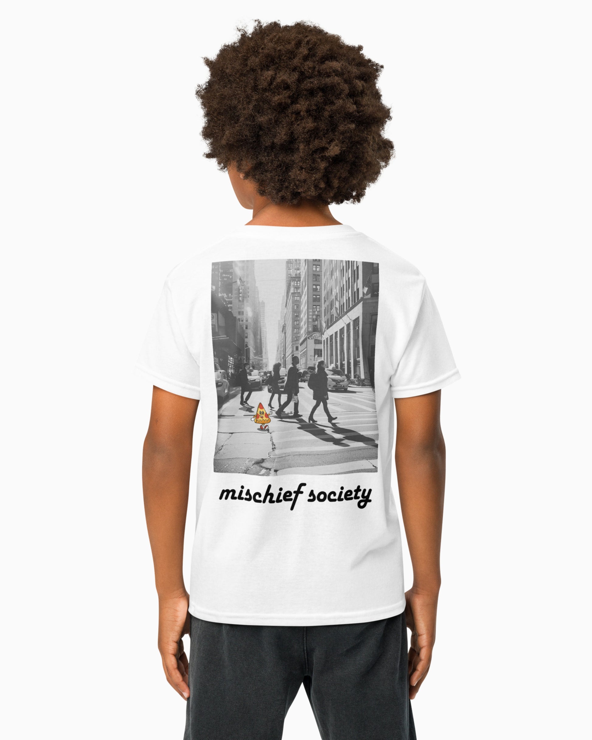 Mischief Society Pizza Walk - Kid White Shirt - Model Back
