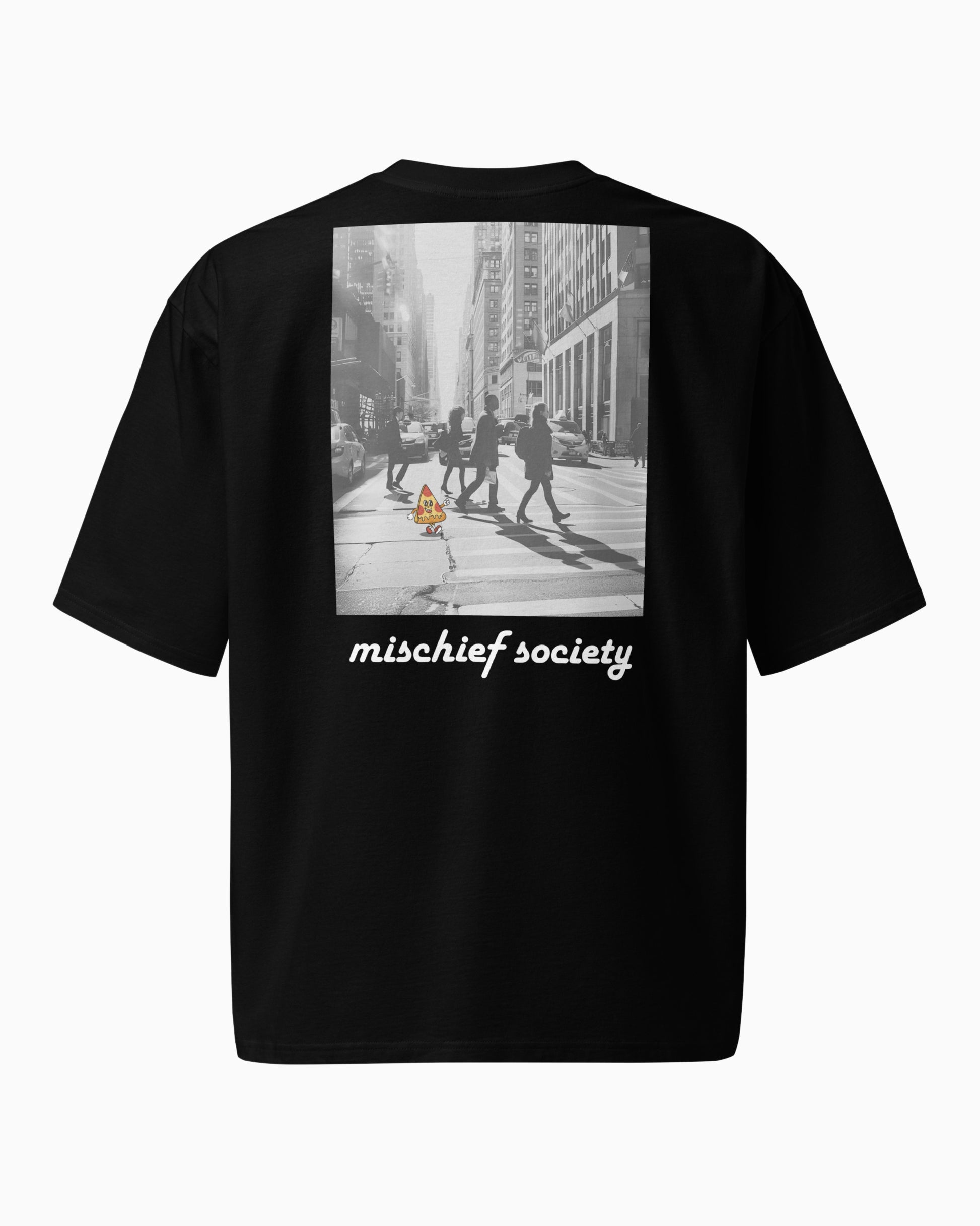 Mischief Society Pizza Walking - Adult Black Shirt - Back