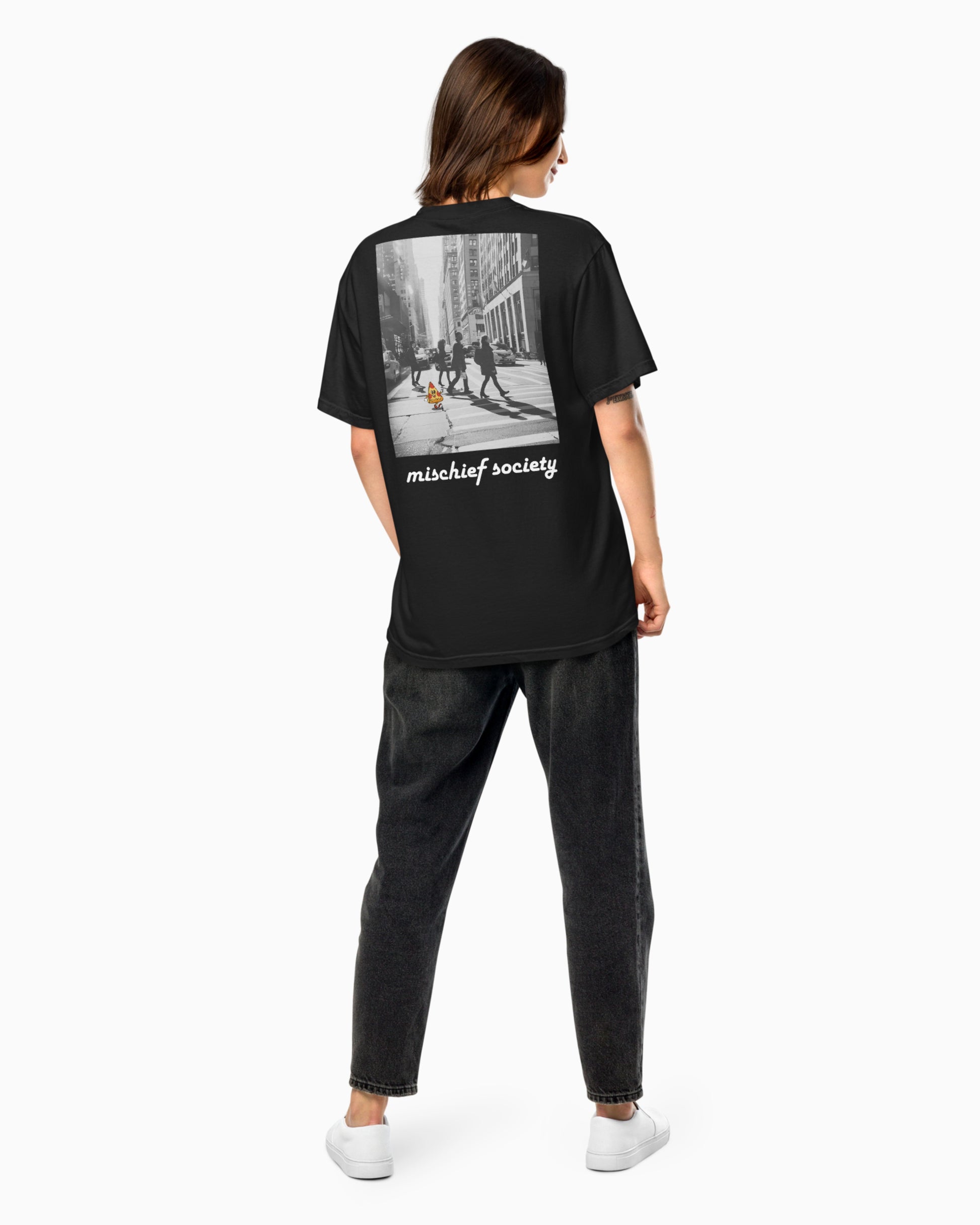 Mischief Society Pizza Walking - Adult Black Shirt - Back Model Female