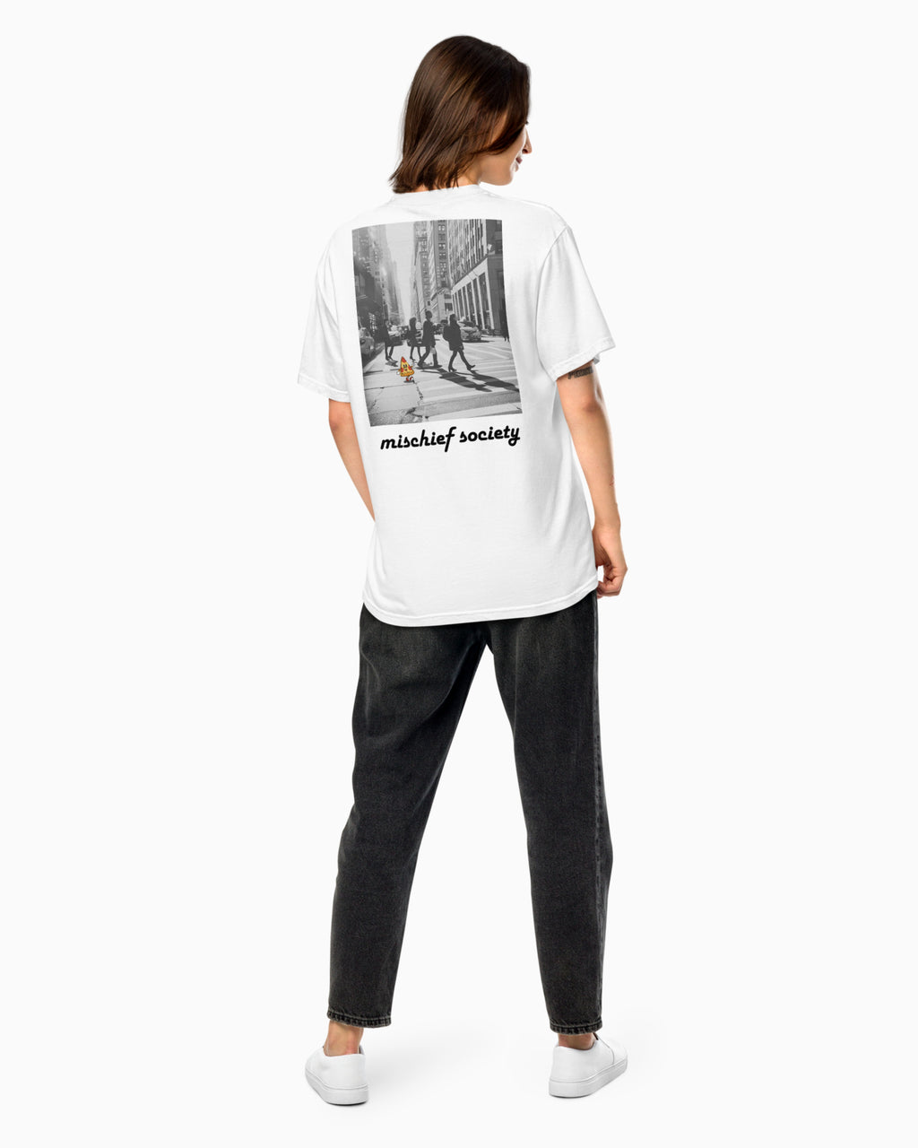 Mischief Society Pizza Walking - Adult White Shirt - Back Model Female