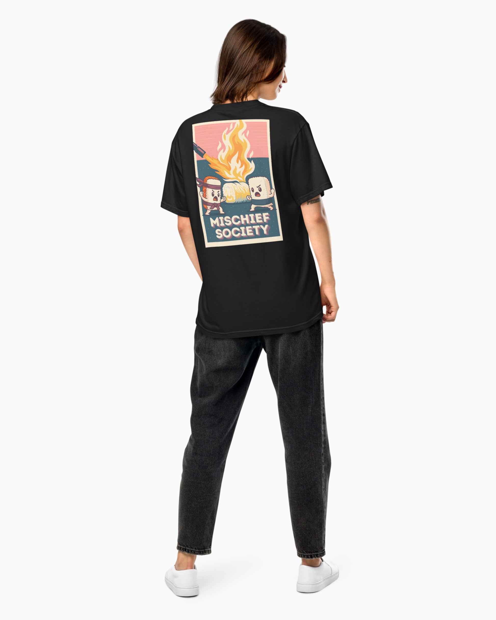 Mischief Society Samurai Sushi Battle - Adult Black Shirt - Back Model