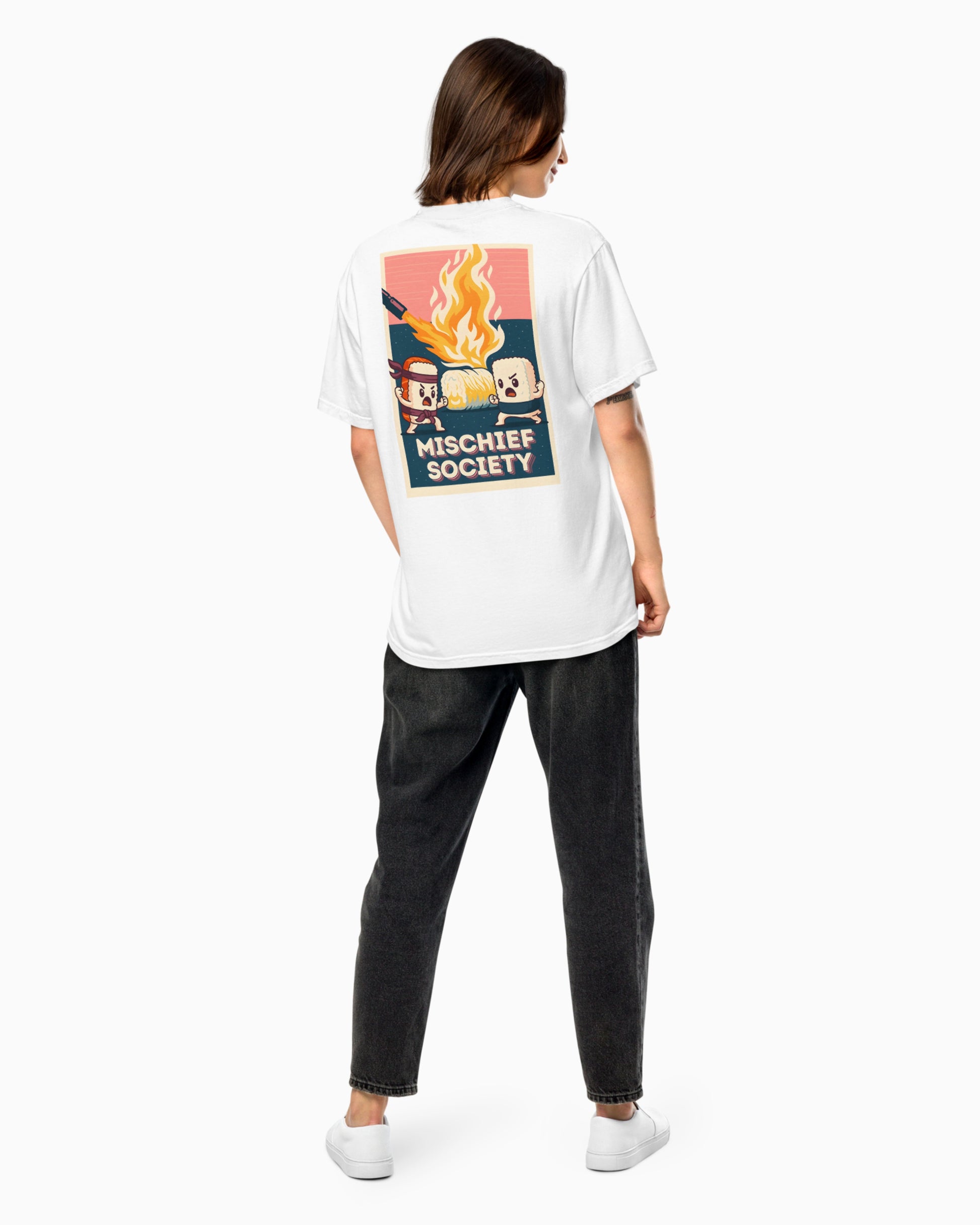 Mischief Society Samurai Sushi Battle - Adult White Shirt - Back Model