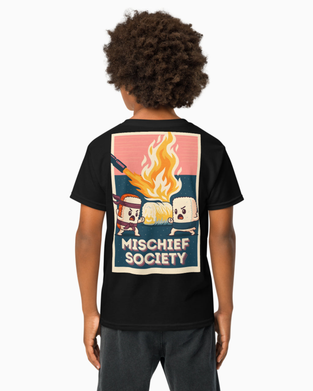 Mischief Society Samurai Sushi Battle - Kid Black Shirt - Model Back 