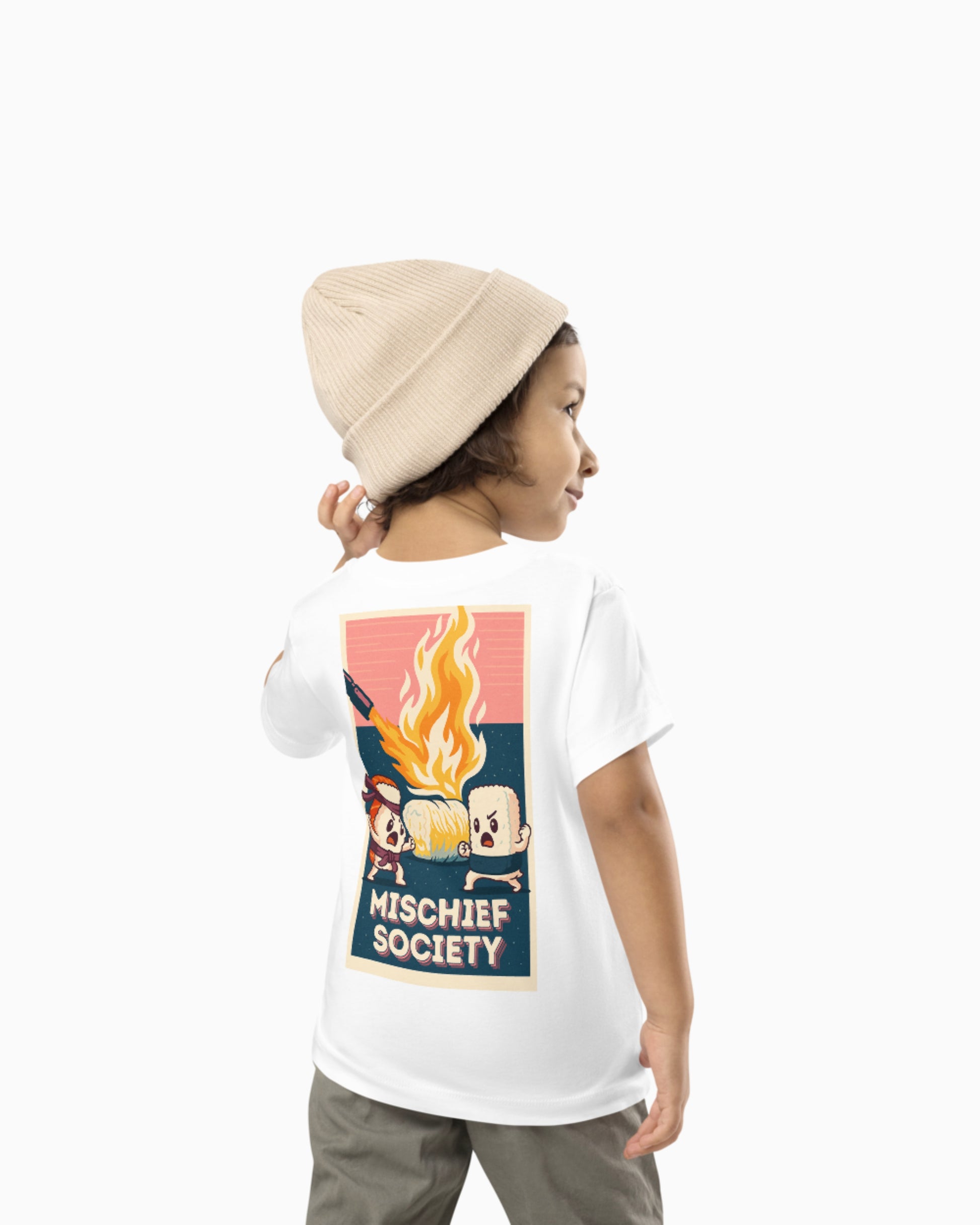 Mischief Society Samurai Sushi Battle - Toddler White Shirt - Model Back