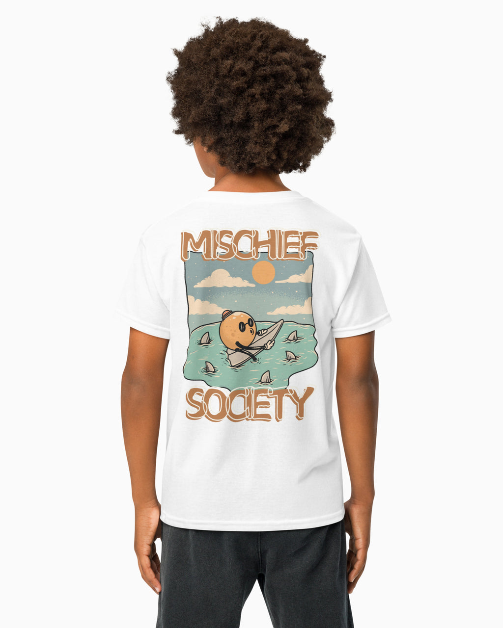 Mischief Society Shark Bite - Kid White Shirt - Model Back