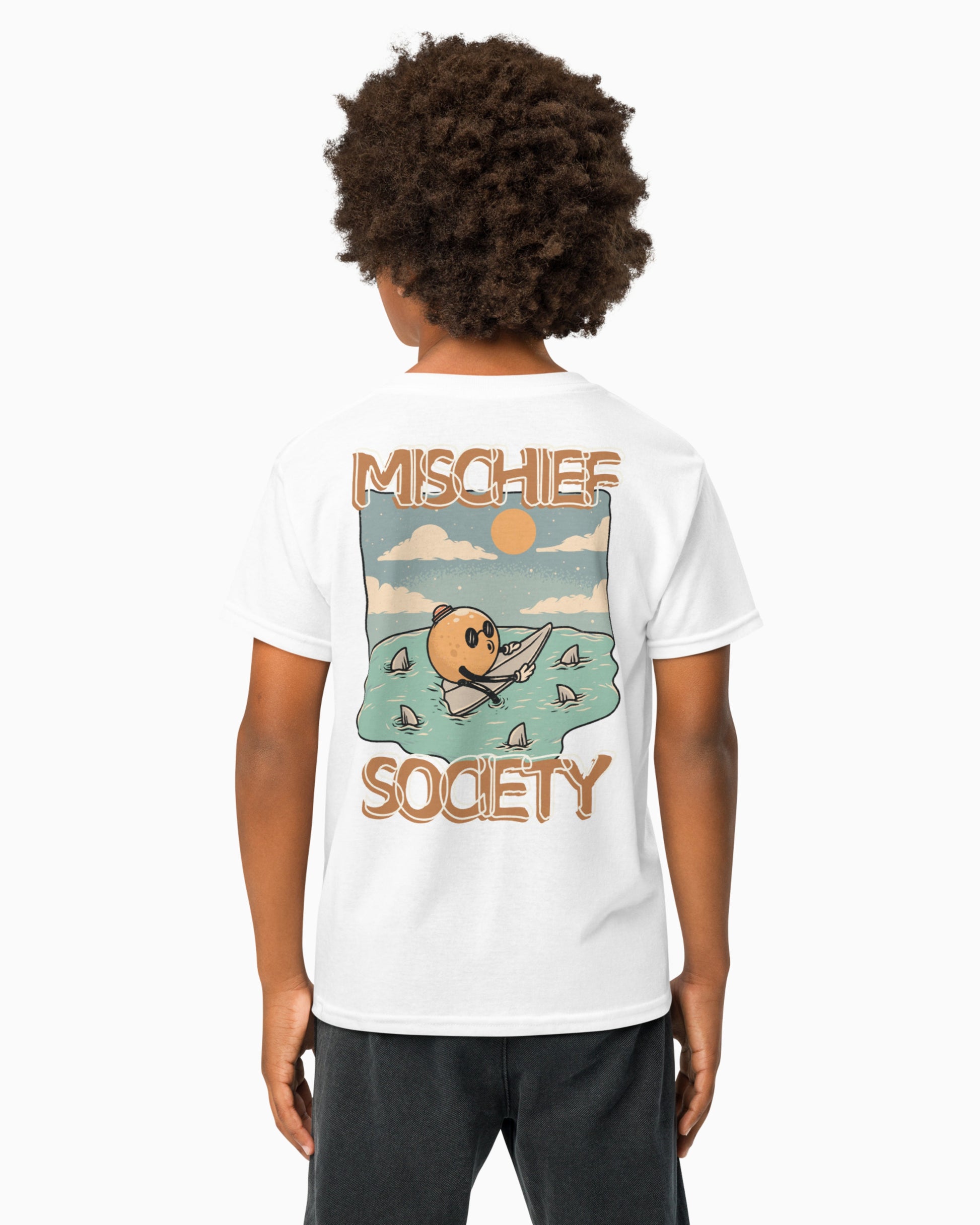 Mischief Society Shark Bite - Kid White Shirt - Model Back