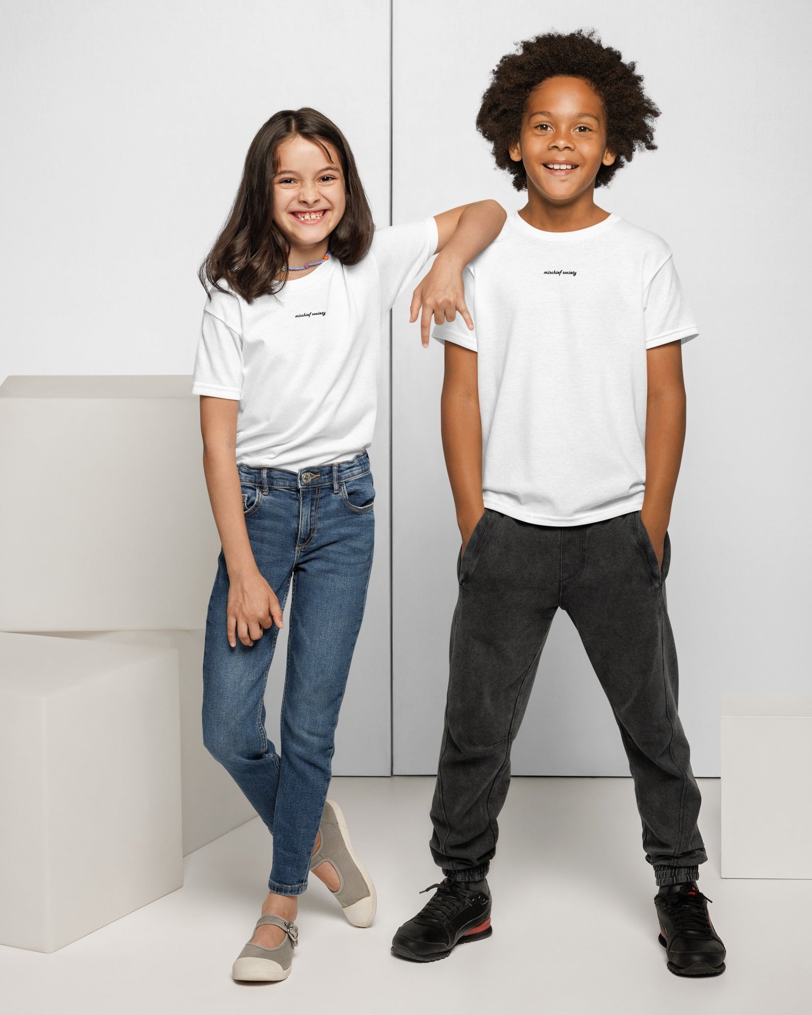 Mischief Society Street Sushi - Kids White Shirt - Front Boy and Girl