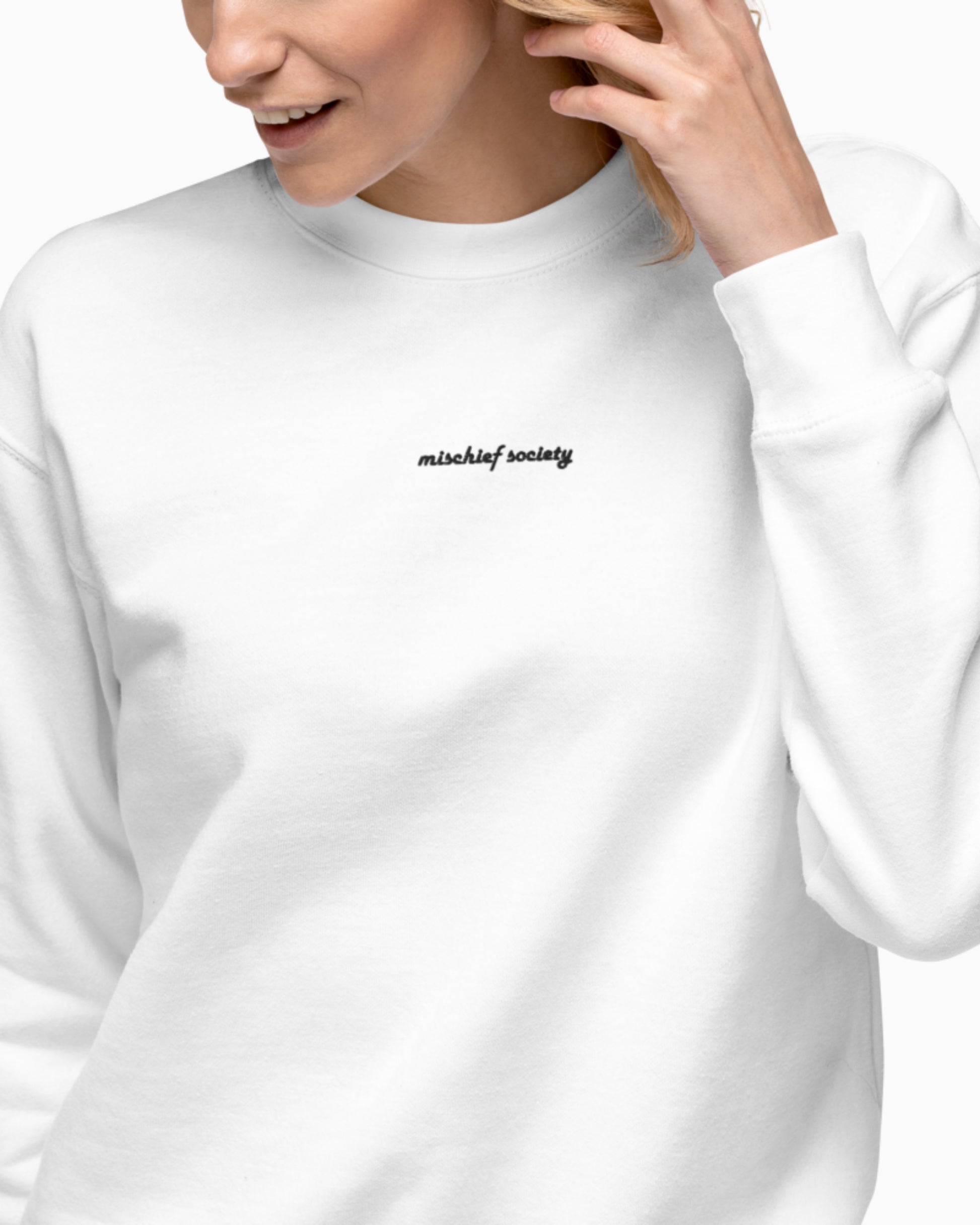 Mischief Society White Crewneck - Adult - Model Front - Women - Embroidered Logo