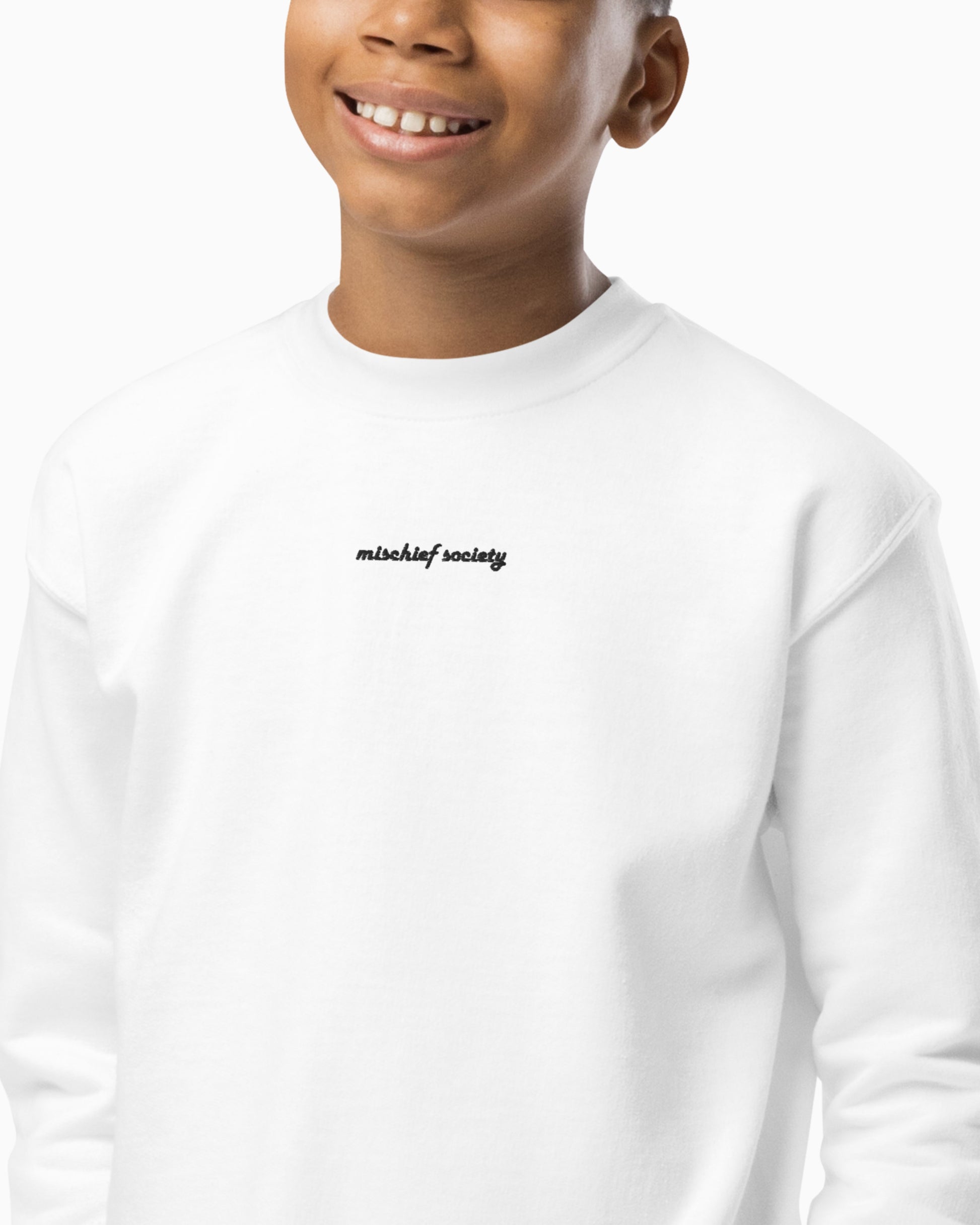 Mischief Society White Crewneck - Kid - Model - Embroidered Close up