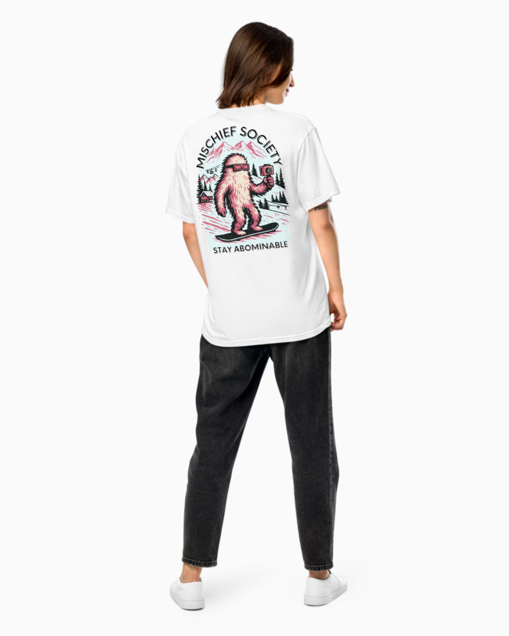 Mischief Society Abominable Yeti - Adult White Shirt - Model Back