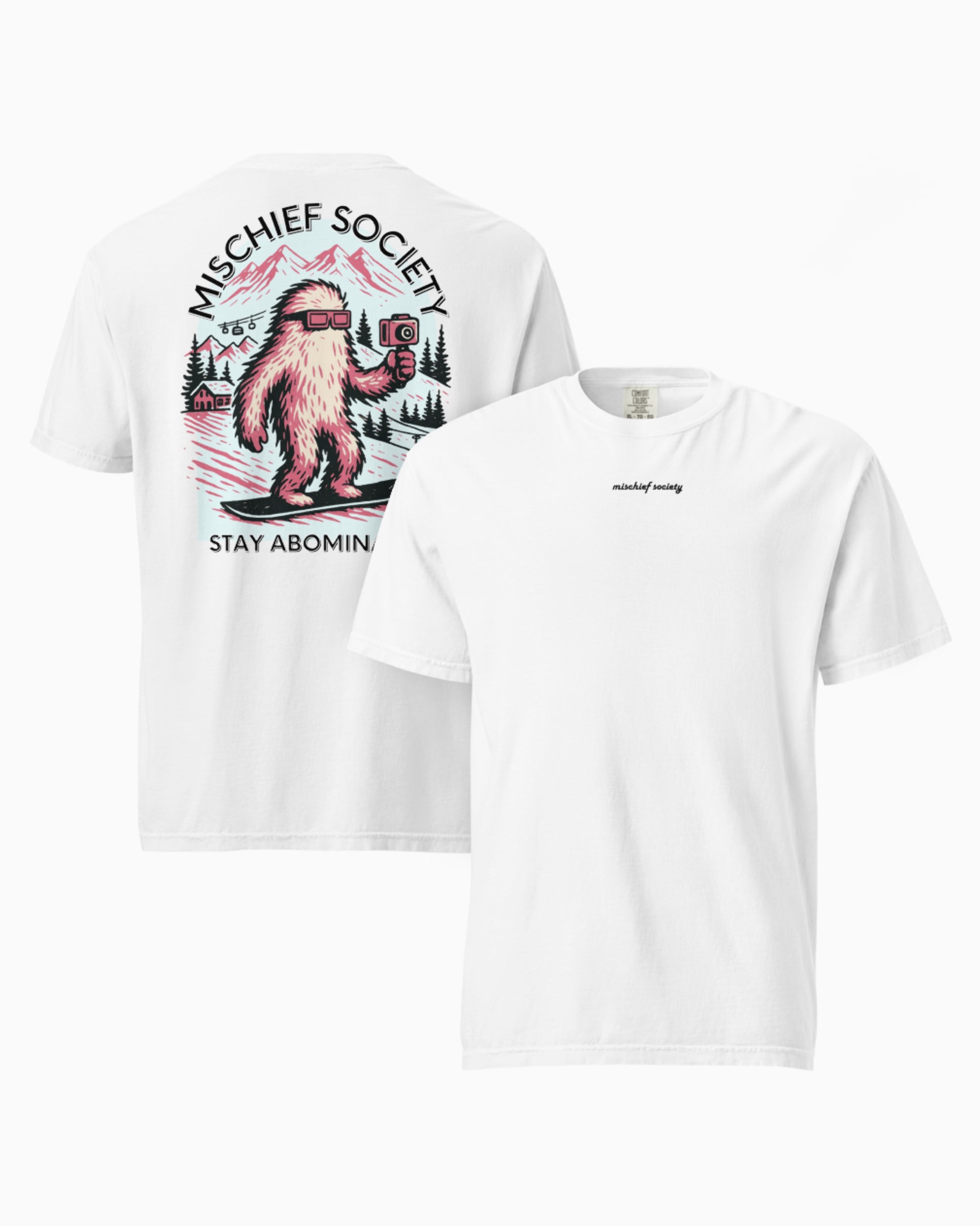 Mischief Society Abominable Yeti - Adult White Shirt - Front and Back